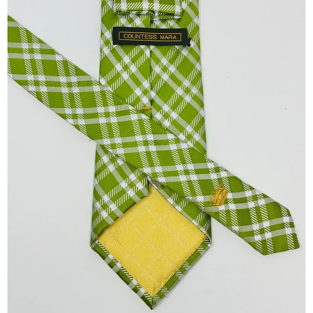 Countess Mara Green White Plaid Silk Tie Extra Long 60